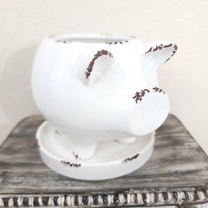 Prinz Pig Planter with Tray Farmhouse Patina Rustic White Garden Flower Pot RARE